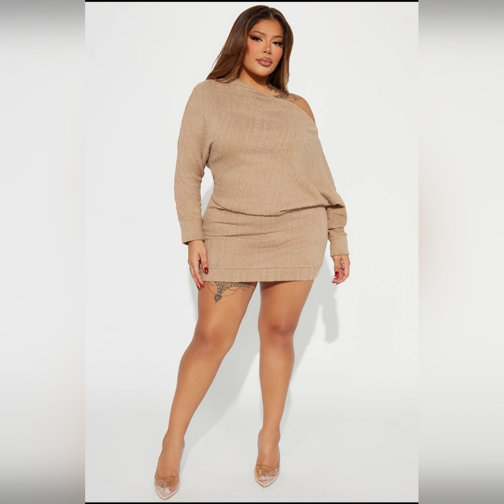 NWT Fashion Nova Ava Tan Dolman Sweater Mini Dress
